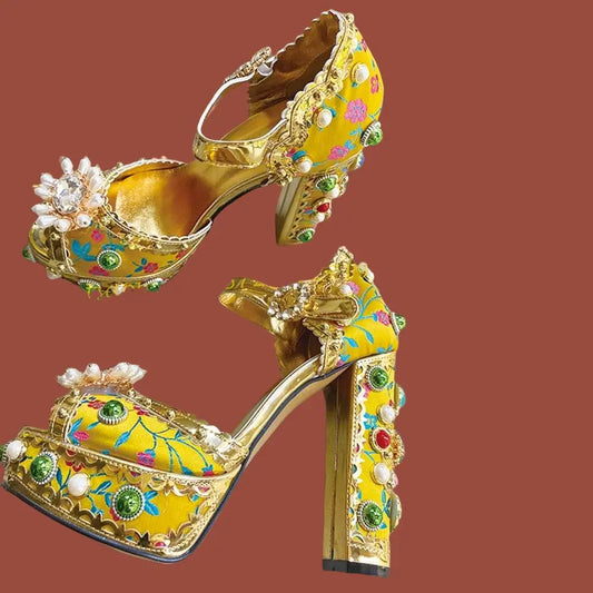 Pearl Crystal Peep Toe High Heel Sandals - Golden Atelier