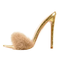 Peep Toe Fur Thin High Sandals - Golden Atelier