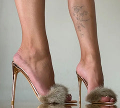 Peep Toe Fur Thin High Sandals - Golden Atelier