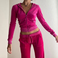 Pink Velvet Cropped Zip Up Hoodies Jacket - Golden Atelier