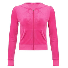 Pink Velvet Cropped Zip Up Hoodies Jacket - Golden Atelier