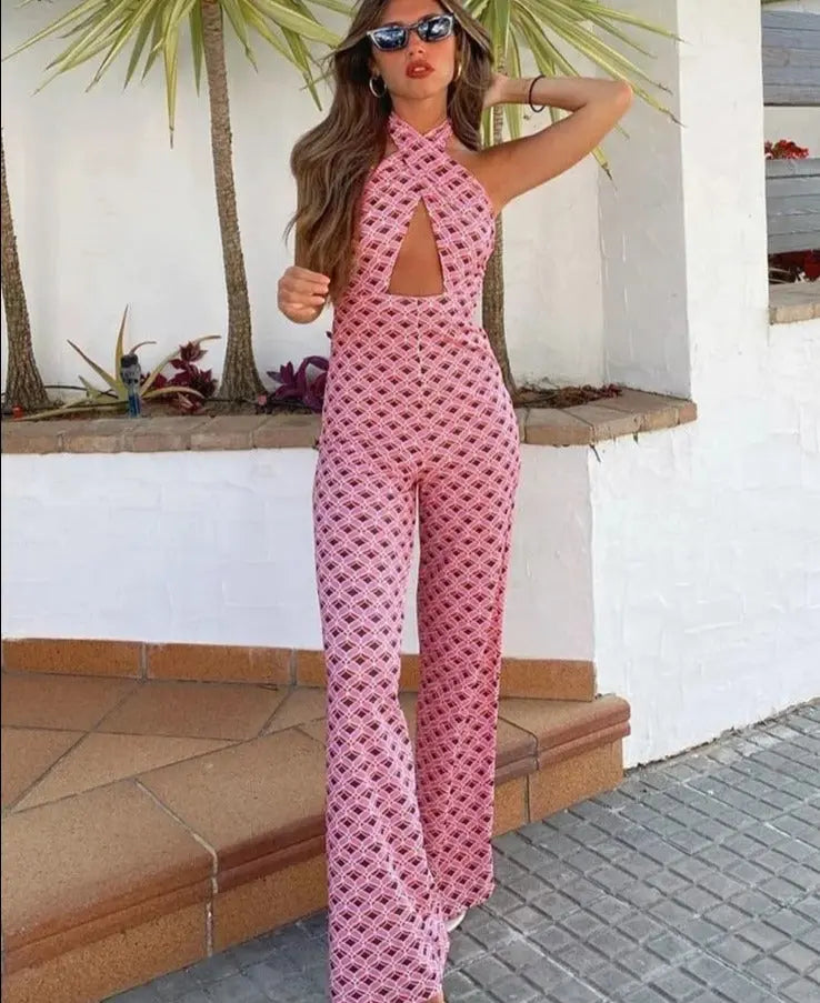 Printed Backless Cross Halter Pink Jumpsuit - Golden Atelier