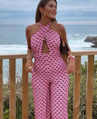 Printed Backless Cross Halter Pink Jumpsuit - Golden Atelier