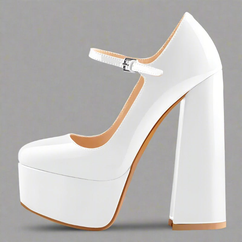 Platform High Heels Ankle Strap Pumps Shoes , White - Golden Atelier 1