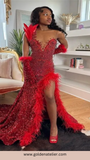 Red Feathers Silt Glove Crystal Sheer Mesh Gown Prom Dress
