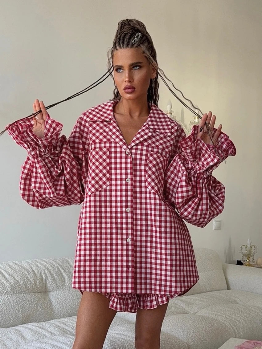 “Red plaid pajama set with long sleeve shirt and cotton-blend shorts”

