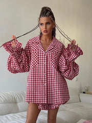 “Red plaid pajama set with long sleeve shirt and cotton-blend shorts”

