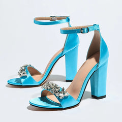 Crystal Embellished Square Heel Ankle Strap Sandals
