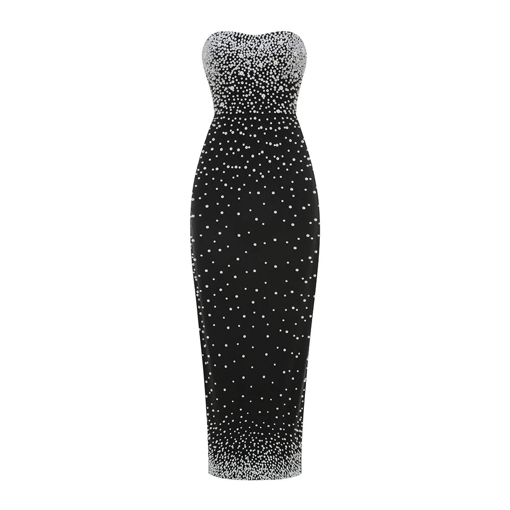 Black strapless dress with silver sequin embellishments on a white background