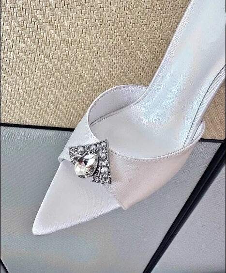 Satin Pointed Toe Rhinestone Gem Details Women Dress Shoes