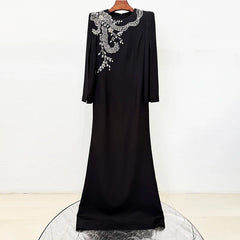 Black slit sleeve beaded O-neck maxi dress on hanger