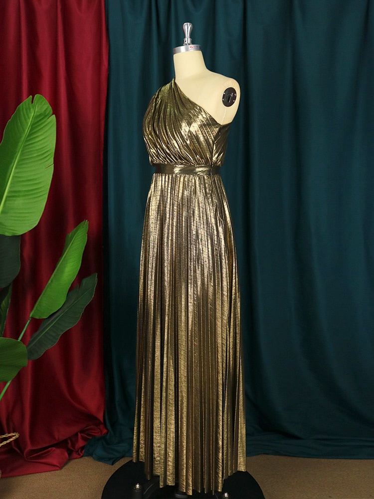 Long Metallic Pleated One Shoulder Sleeveless Maxi Dress