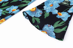 Close-up of the bell sleeve floral print on a midi dress