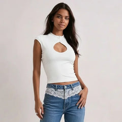 Cutout Mock Neck Button Top