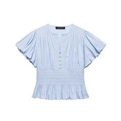 Light blue blouse with ruffled sleeves on a white background