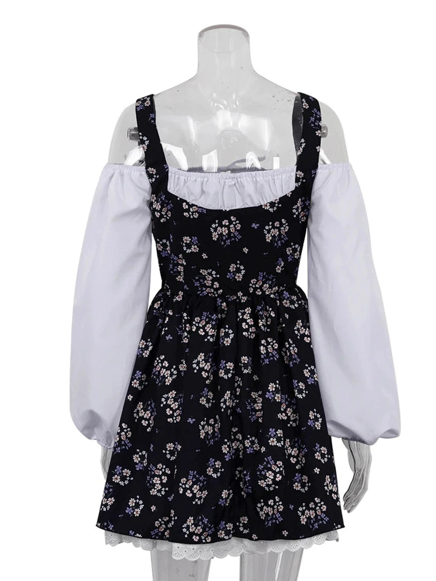 Print Square Collar Puff Sleeve Patchwork Pleated Mini Dress