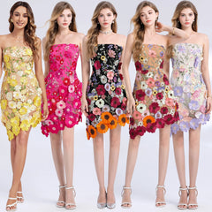 Five women wearing strapless floral dresses on a white background