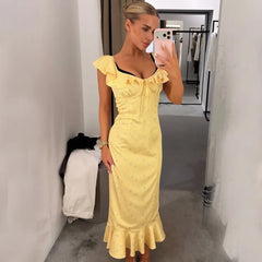 Yellow Floral Ruffle Off-Shoulder Midi Dress