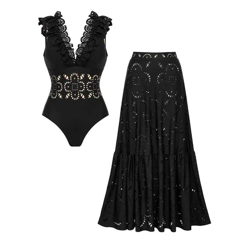 Black one-piece swimsuit with ruffled V-neck and laser-cut waist detail