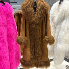 Brown fur coat with pink and white fur coats in the background