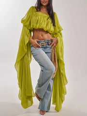 Draped Puff Long Sleeve Square Neck Crop Top