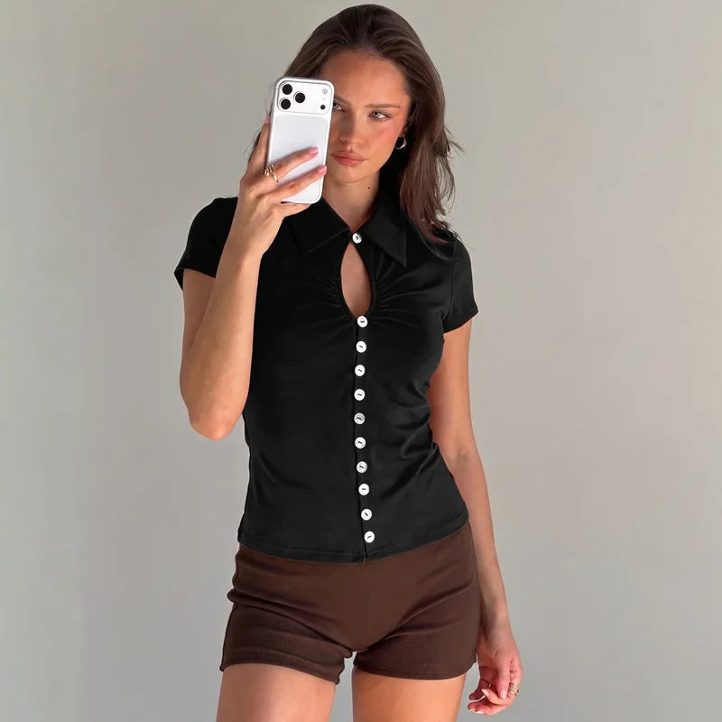 Black lapel button-up cropped top with cutout neckline