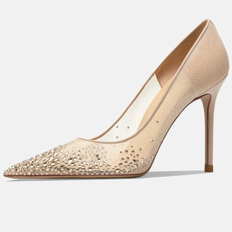 Champagne rhinestone mesh stiletto pump