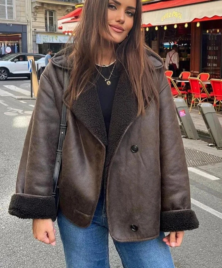 Faux Leather Long Sleeve Lapel Windbreaker Outwear Jacket