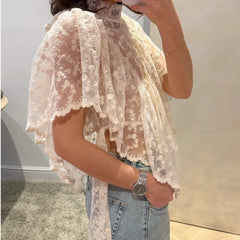 Floral Lace Mock Neck Asymmetrical Hem Top