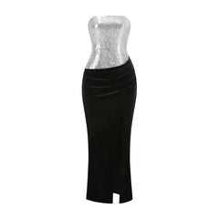 Strapless Sequined Slit Velvet Maxi Dress