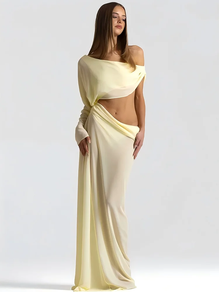 Draped Cutout One-Shoulder Maxi Dress detail in yellow