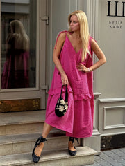 Pink Spaghetti Strap Ruffled Flowy Maxi Dress
