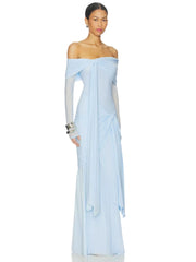Off shoulder draped mesh long sleeve maxi dress side view