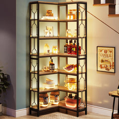 Tall corner bookshelf with black metal frame and wood shelves in a reading nook