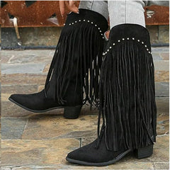 Metal Rivet Tassel Knee High Boots