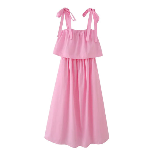 Pink bow tie strap midi dress front view