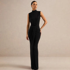 Mock Neck Sleeveless Ruched Detailing Maxi Dress