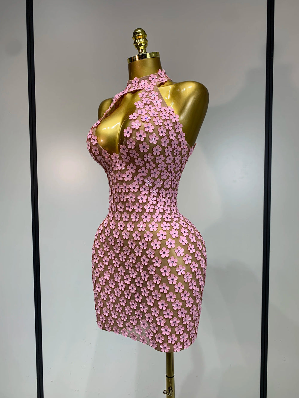 Floral halter mini dress side view