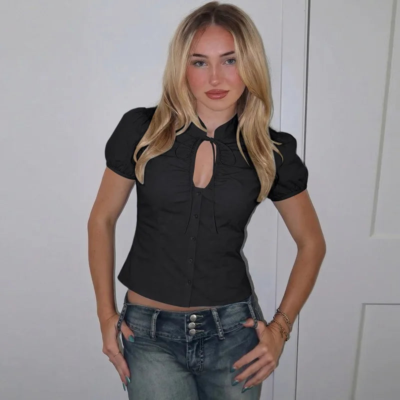 Puff sleeve tie neck ruched front button-up shirt