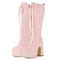Floral Embroidery Lace Up Platform Boots