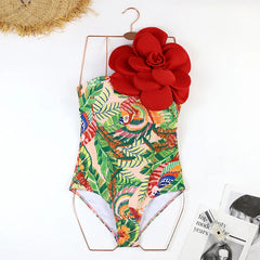 One-Shoulder Swimsuit with Oversized Flower Detail and Matching Printed Sarong Set