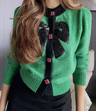 Embroidery Long Sleeves Round Neck Ribbed Trims Cardigan