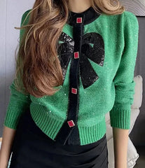 Embroidery Long Sleeves Round Neck Ribbed Trims Cardigan