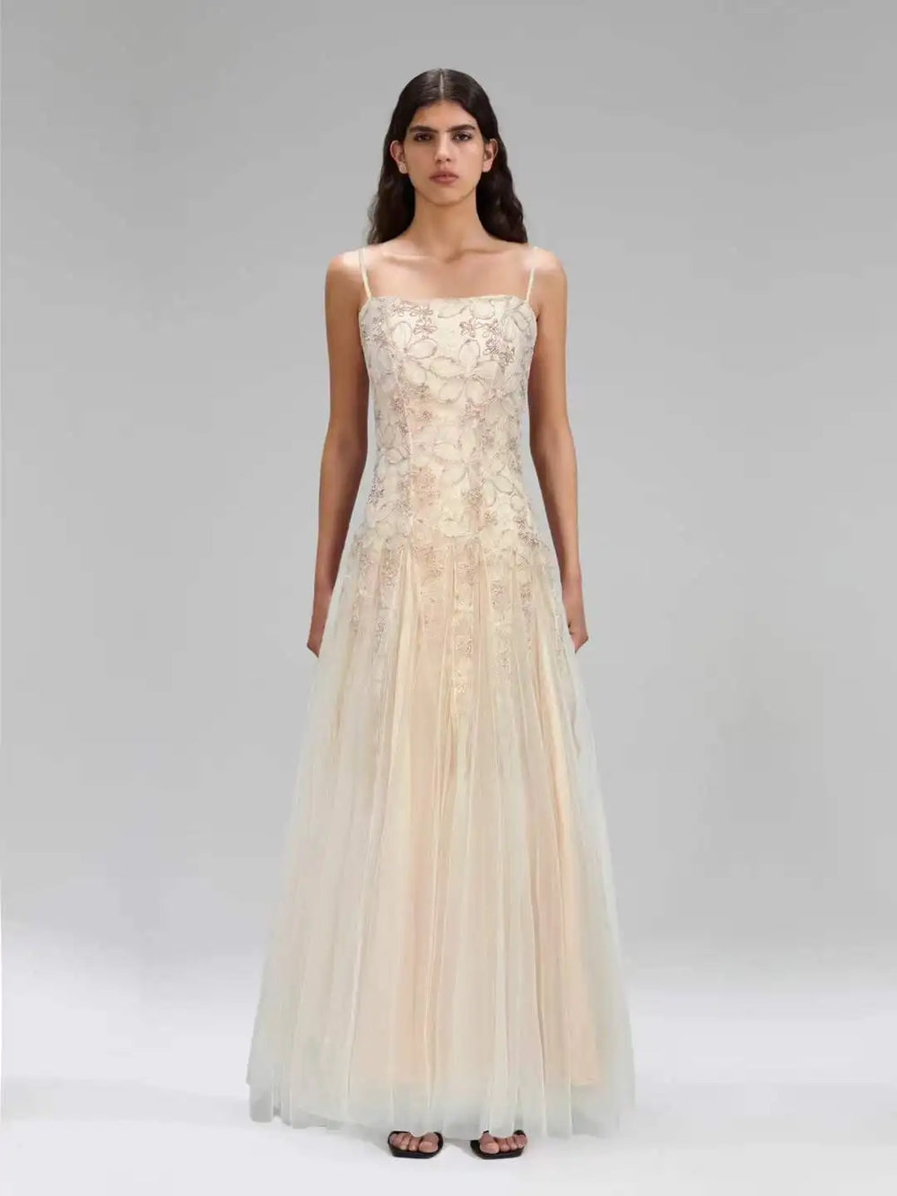 Floral embroidered tulle square neck dress