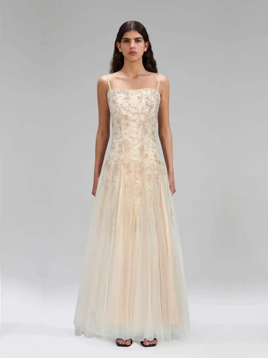 Floral embroidered tulle square neck dress