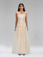 Floral embroidered tulle square neck dress