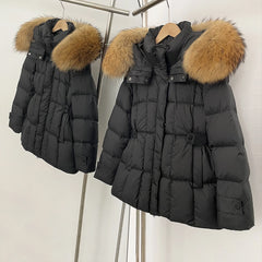 Black puffer jacket with fur hood 