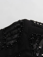 Rhinestone Sequin High Neck Padded Shoulder Mini Dress