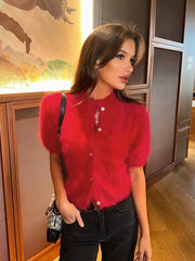 Mock Neck Puff Sleeve Fuzzy Top