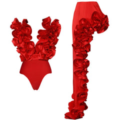 Solid Red Flower Swim Suit Deep V Bodysuit